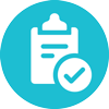 Illustration of white clipboard and checkmark within a light blue circle